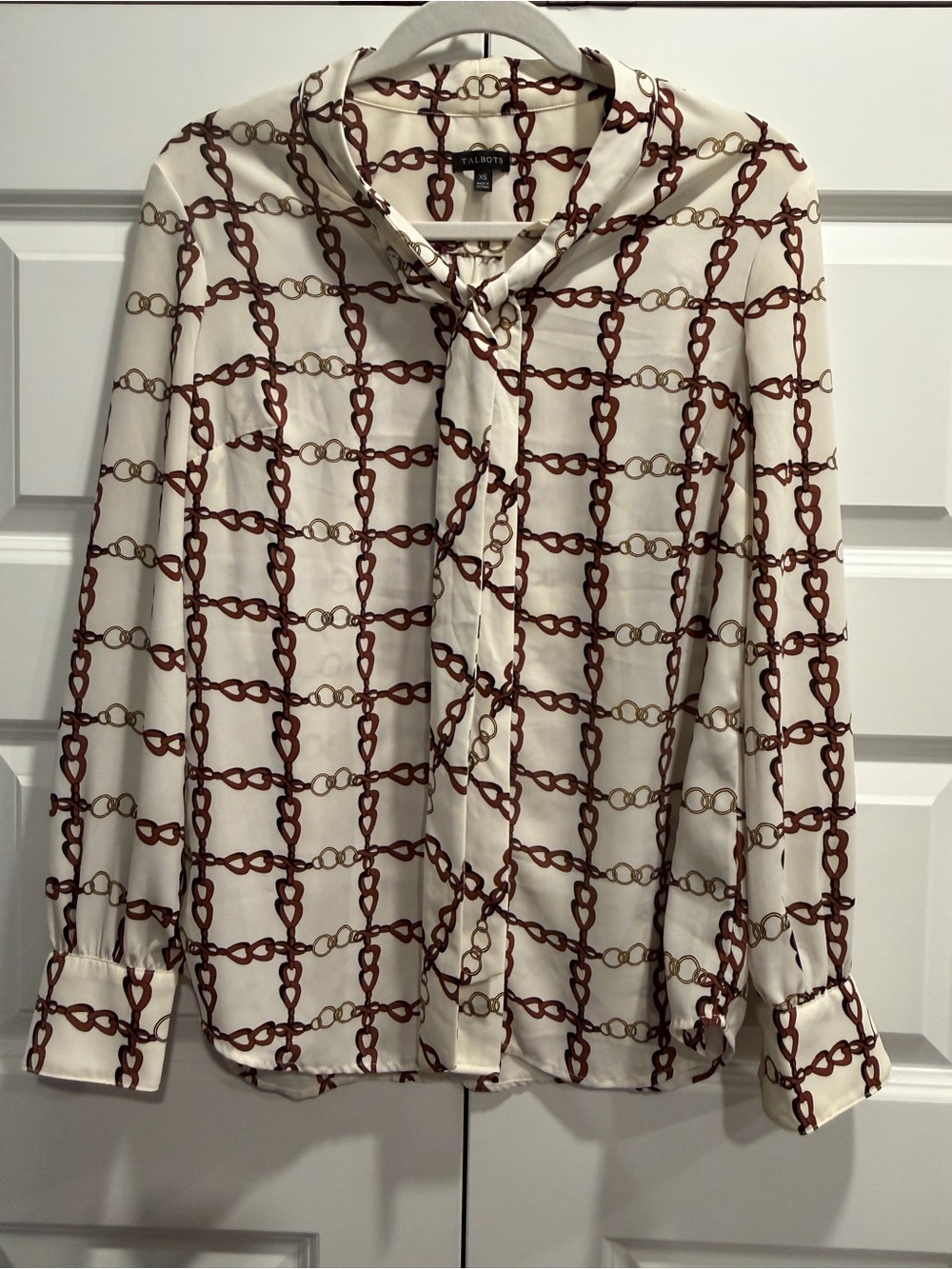 Talbots Cream Blouse with Brown and Gold Chain Print